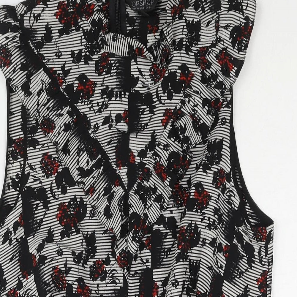 Topshop Womens Black Geometric Vinyl Playsuit One-Piece Size 12 Zip - Frill Detail Floral Print