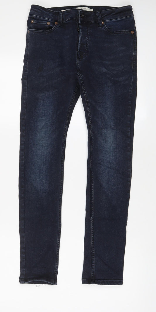 Topman Mens Blue Cotton Skinny Jeans Size 28 in L28 in Regular Button - Short Leg, Pockets