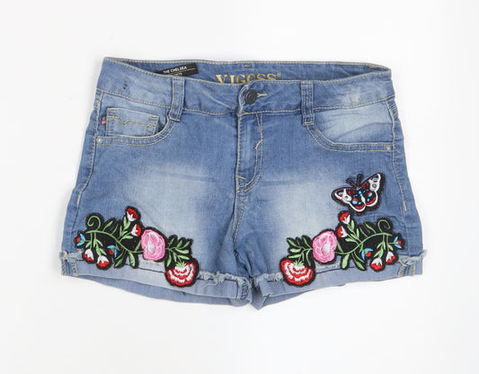 VIGOSS Girls Blue Floral Cotton Boyfriend Shorts Size 14 Years L3 in Regular Zip - Embroidered