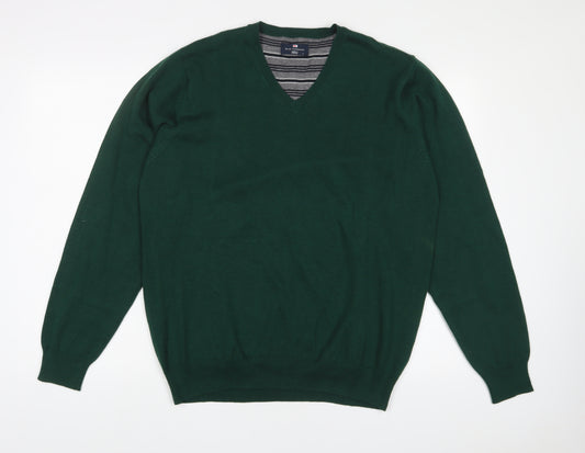 Blue Harbour Mens Green V-Neck Cotton Pullover Jumper Size L Long Sleeve