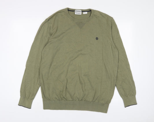 Timberland Mens Green V-Neck Cotton Pullover Jumper Size XL Long Sleeve - Logo, Embroidered