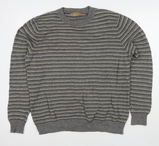 Marks and Spencer Mens Grey Round Neck Striped Polyamide Pullover Jumper Size M Long Sleeve