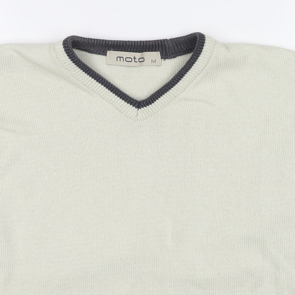 Moto Mens Beige V-Neck Cotton Pullover Jumper Size M Long Sleeve