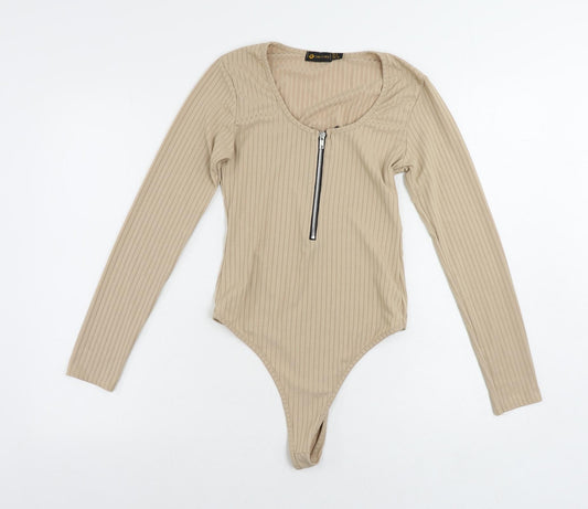 I SAW IT FIRST Womens Beige Polyester Bodysuit One-Piece Size 8 Zip - Ribbed