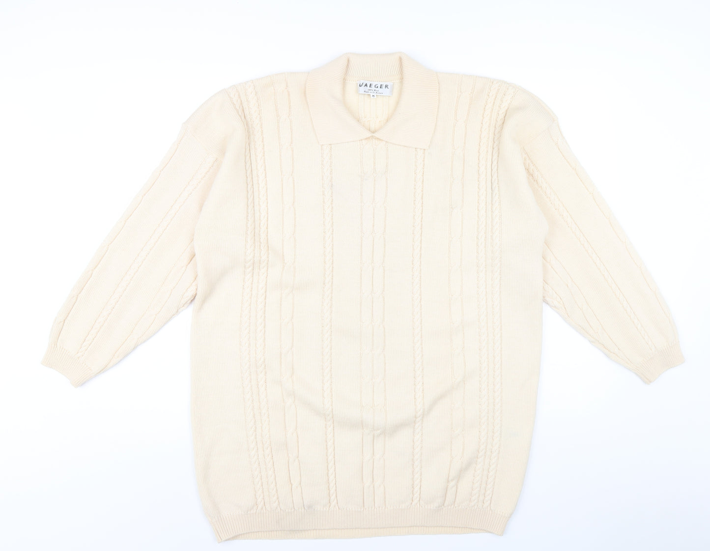 Jaeger Mens Ivory Collared Wool Pullover Jumper Size M Long Sleeve