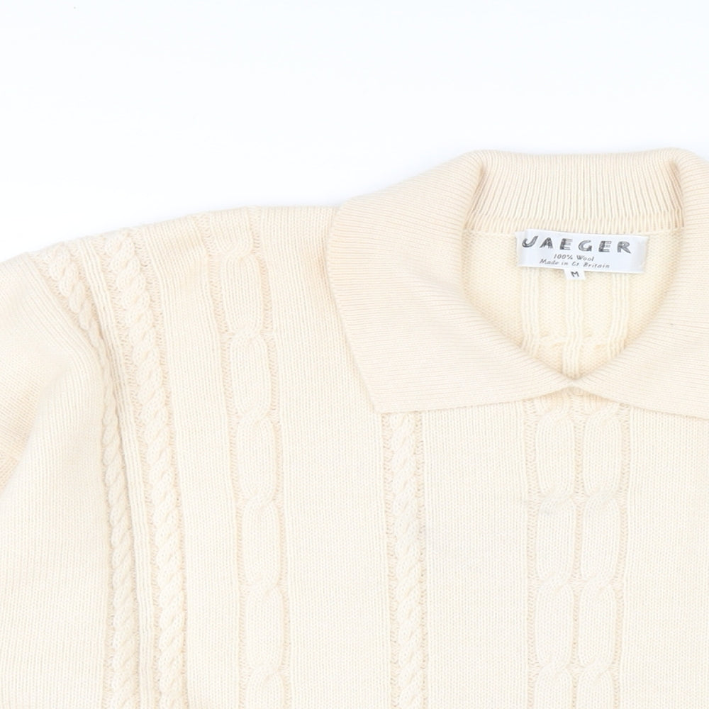 Jaeger Mens Ivory Collared Wool Pullover Jumper Size M Long Sleeve