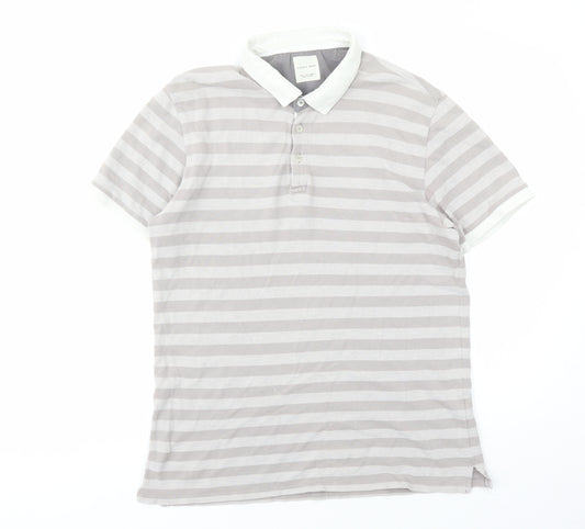 Zara Mens Grey Striped Cotton Polo Size L Collared Button