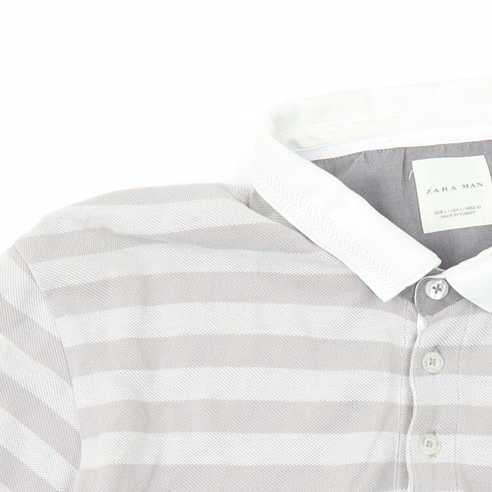 Zara Mens Grey Striped Cotton Polo Size L Collared Button