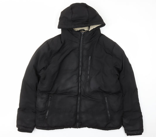 SoulCal&Co Mens Black Quilted Coat Size L Zip - Hooded Pockets