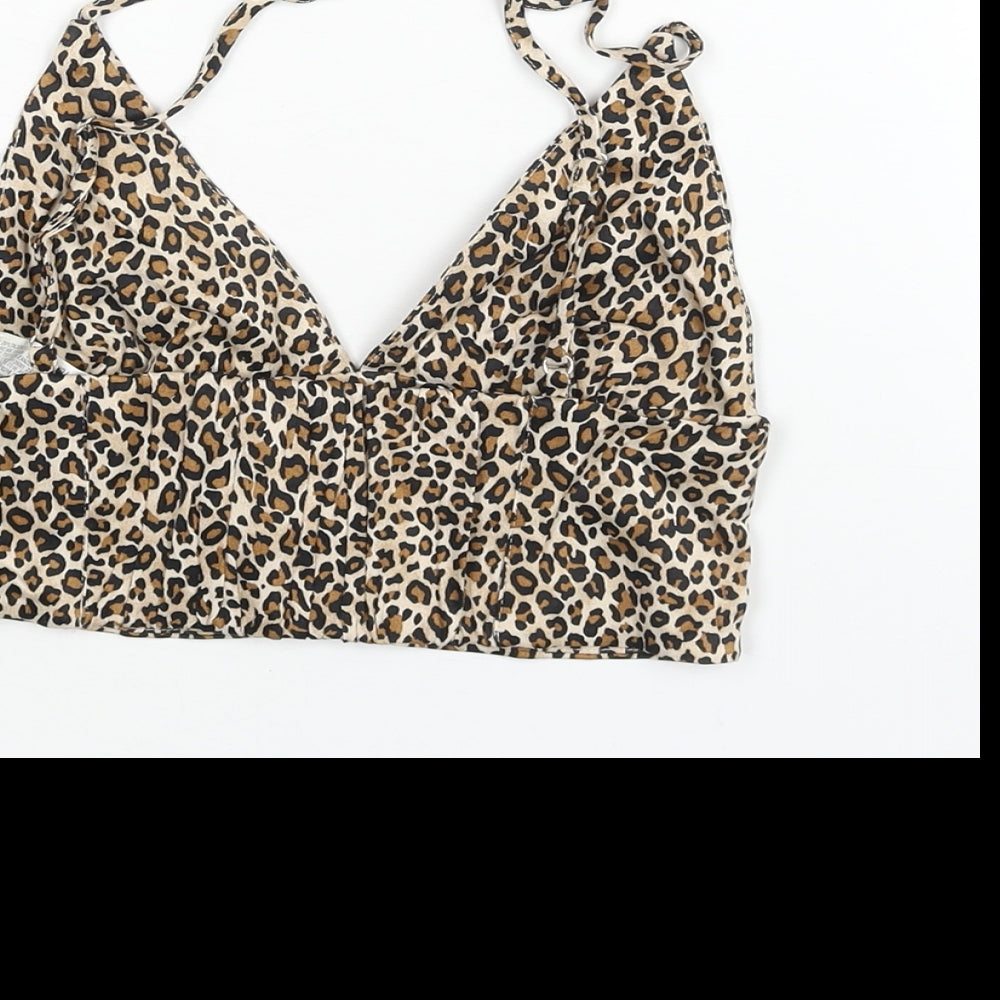 Zara Womens Brown Animal Print Viscose Cropped Blouse Size S V-Neck - Leopard Print