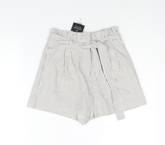 Topshop Womens White Striped Viscose Basic Shorts Size 8 L3 in Regular Zip - Belted