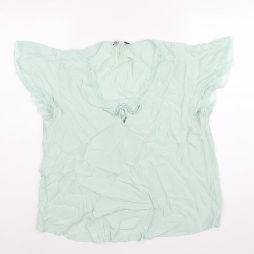 Marks and Spencer Womens Green Polyester Basic Blouse Size 14 V-Neck - Bow Lace Detail