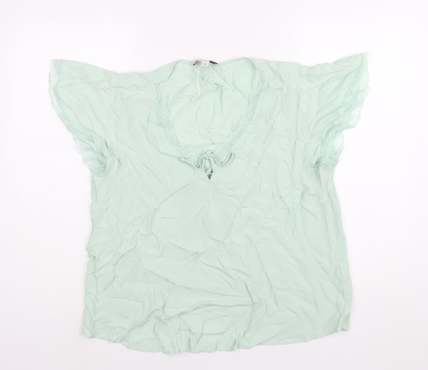 Marks and Spencer Womens Green Polyester Basic Blouse Size 14 V-Neck - Bow Lace Detail