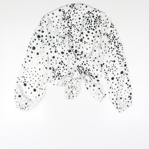 Topshop Womens White Polka Dot Polyester Basic Blouse Size 8 V-Neck - Bow Detail