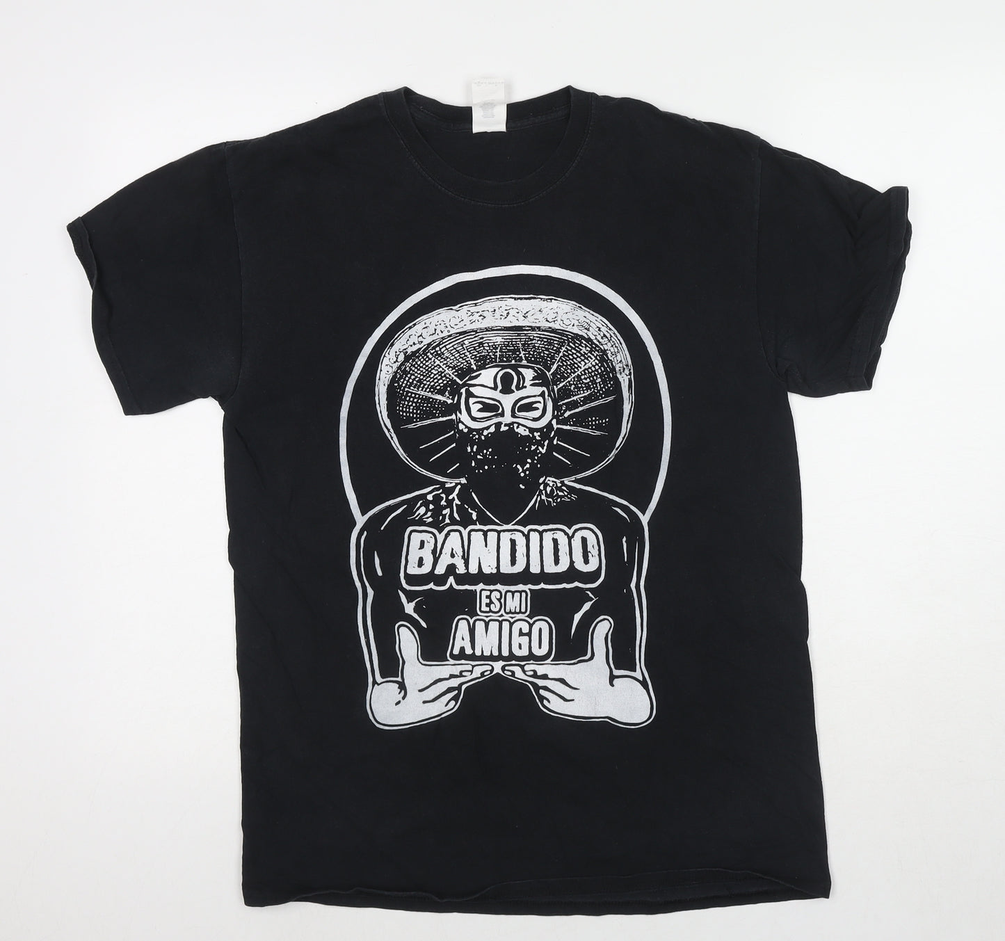 Gildan Mens Black Cotton T-Shirt Size M Round Neck - Bandido es mi amigo