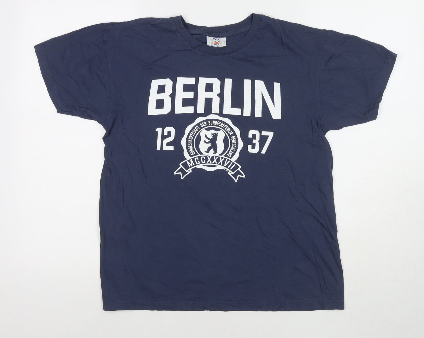 Fox Mens Blue Cotton T-Shirt Size S Round Neck - Berlin