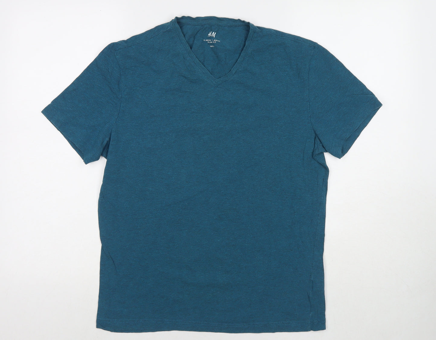 H&M Mens Blue Cotton T-Shirt Size L V-Neck