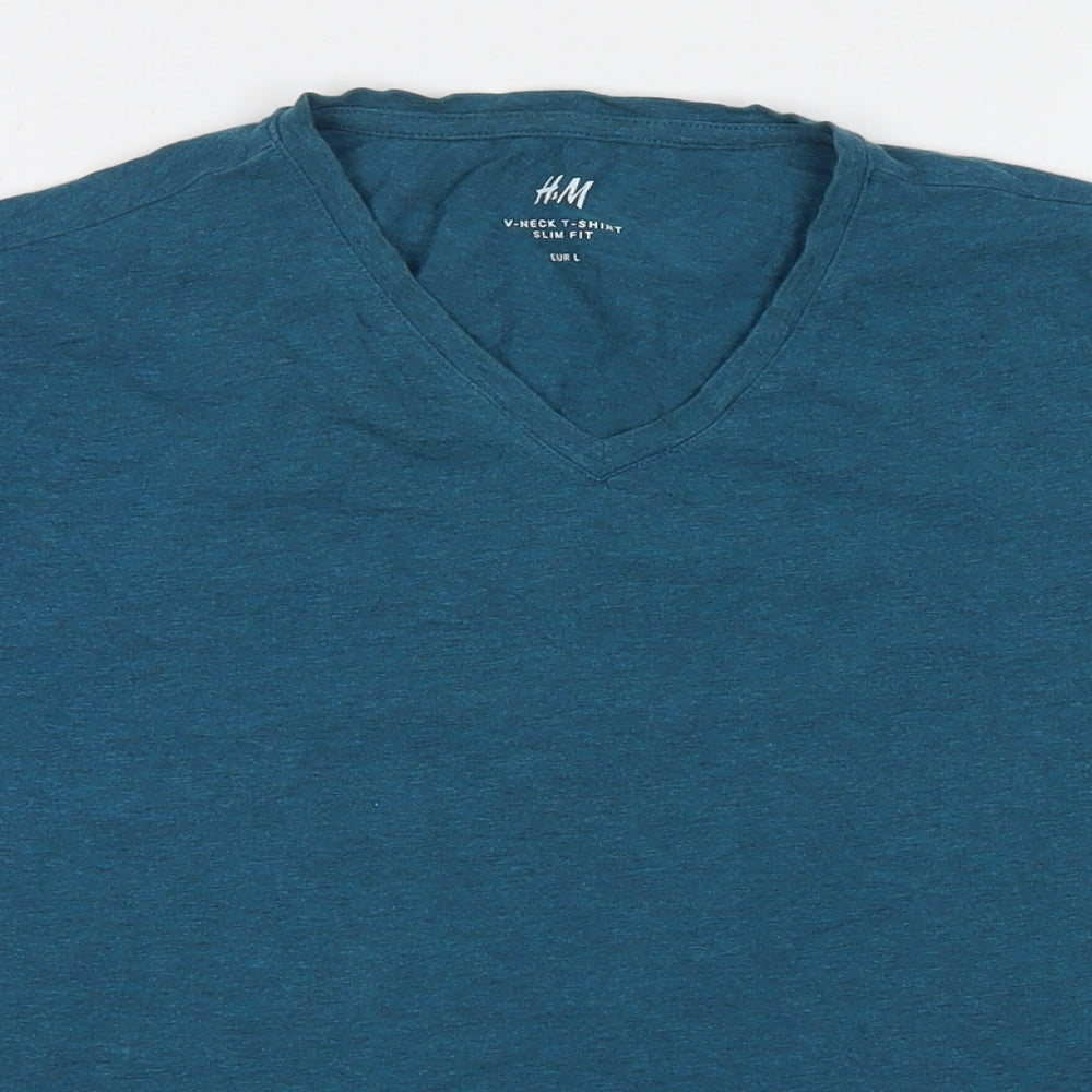 H&M Mens Blue Cotton T-Shirt Size L V-Neck