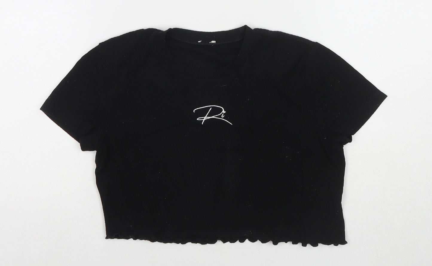 River Island Girls Black Cotton Cropped T-Shirt Size 11-12 Years Round Neck Pullover