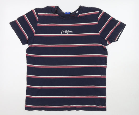 JACK & JONES Mens Blue Striped Cotton T-Shirt Size L Round Neck - Logo