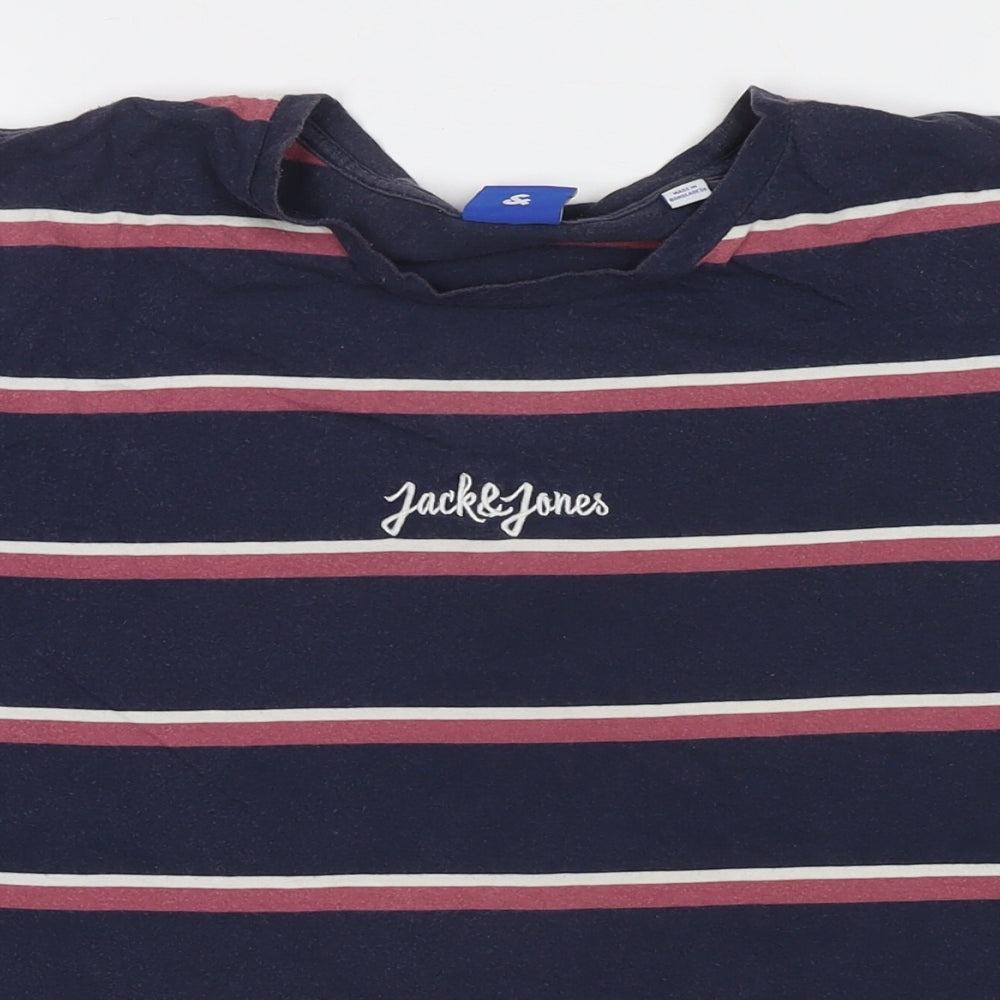 JACK & JONES Mens Blue Striped Cotton T-Shirt Size L Round Neck - Logo