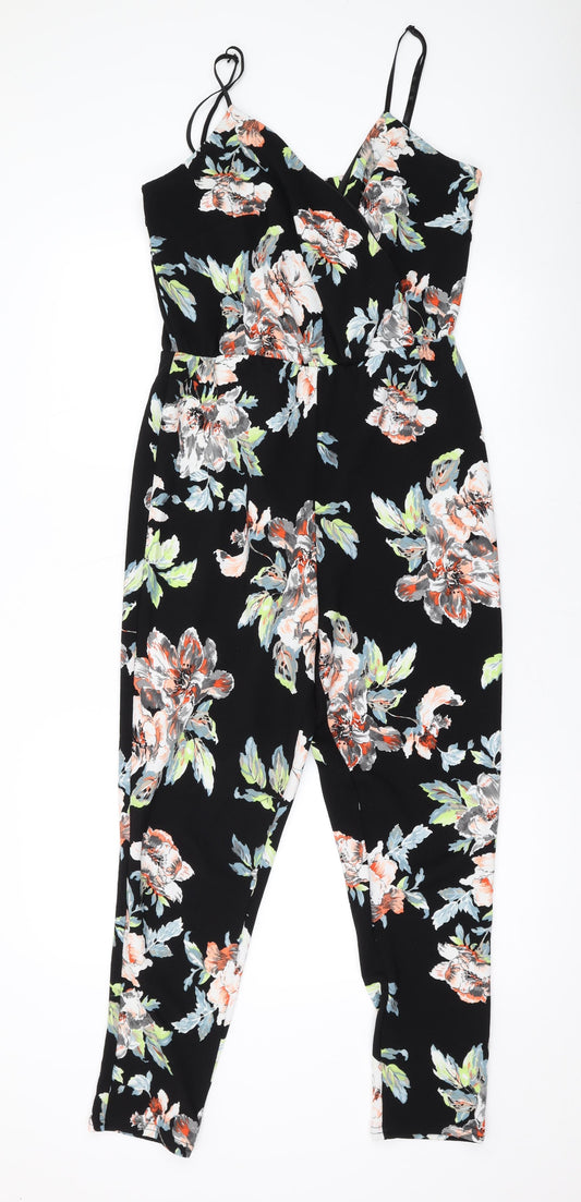 Boohoo Womens Black Floral Polyester Jumpsuit One-Piece Size 12 L27 in Pullover