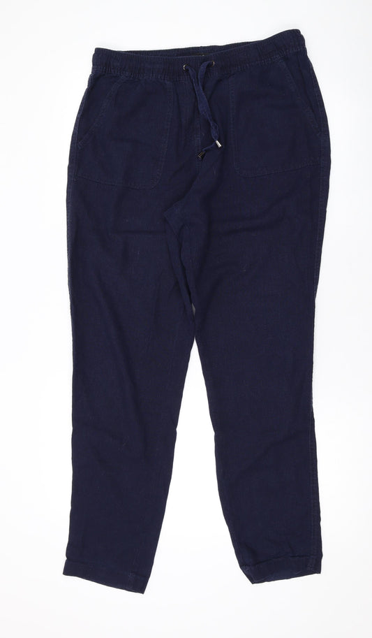 M&Co Womens Blue Linen Trousers Size 12 L29 in Regular Drawstring