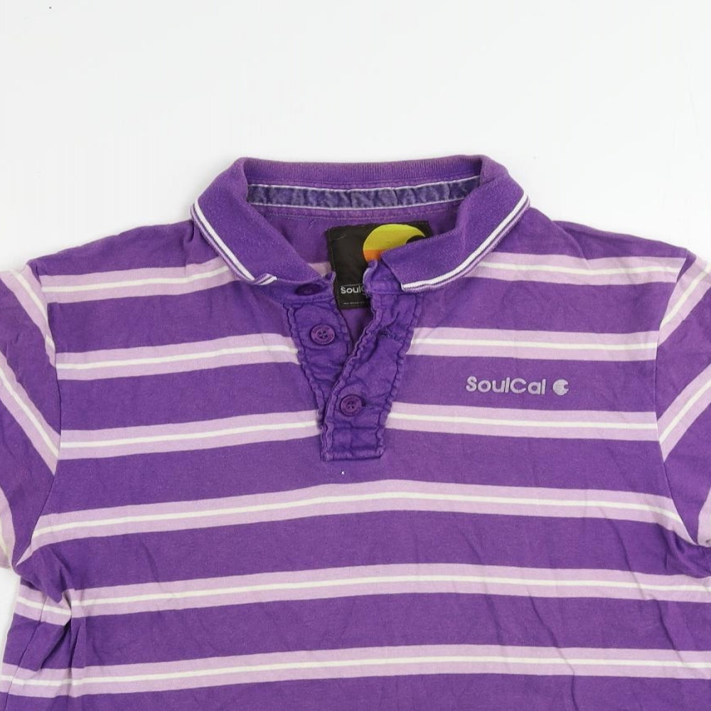 SoulCal&Co Mens Purple Striped Cotton Polo Size M Collared Button - Logo