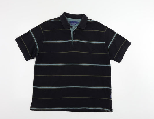 Atlantic Bay Mens Blue Striped Cotton Polo Size L Collared Button