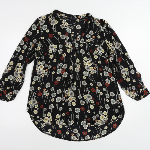 Marks and Spencer Womens Black Floral Polyester Basic Blouse Size 14 V-Neck