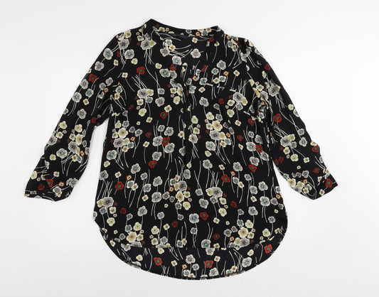 Marks and Spencer Womens Black Floral Polyester Basic Blouse Size 14 V-Neck