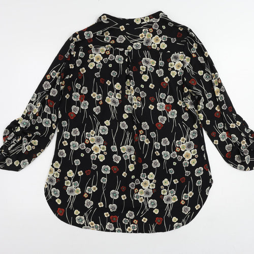 Marks and Spencer Womens Black Floral Polyester Basic Blouse Size 14 V-Neck