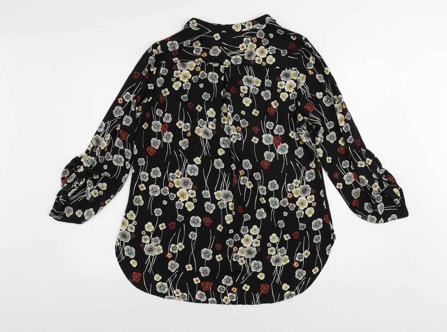 Marks and Spencer Womens Black Floral Polyester Basic Blouse Size 14 V-Neck