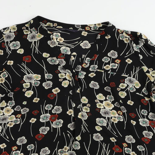 Marks and Spencer Womens Black Floral Polyester Basic Blouse Size 14 V-Neck