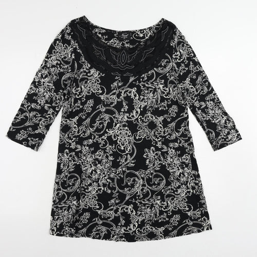 NEXT Womens Black Floral Viscose Tunic Blouse Size 16 Boat Neck - Lace Detail