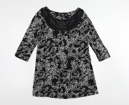 NEXT Womens Black Floral Viscose Tunic Blouse Size 16 Boat Neck - Lace Detail