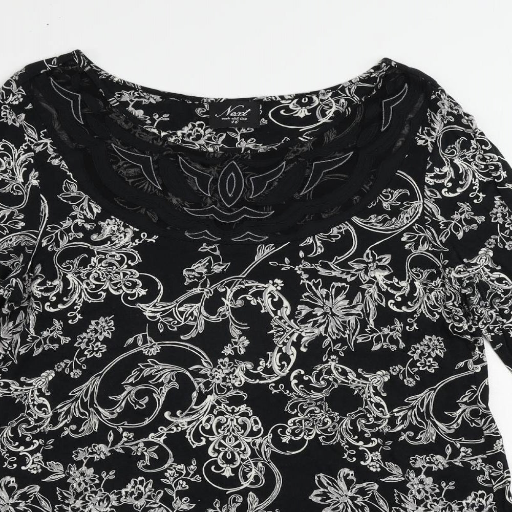 NEXT Womens Black Floral Viscose Tunic Blouse Size 16 Boat Neck - Lace Detail