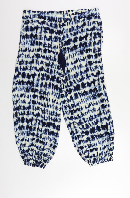 NEXT Womens Blue Geometric Viscose Trousers Size L L25 in Regular Drawstring - Elastic Waist