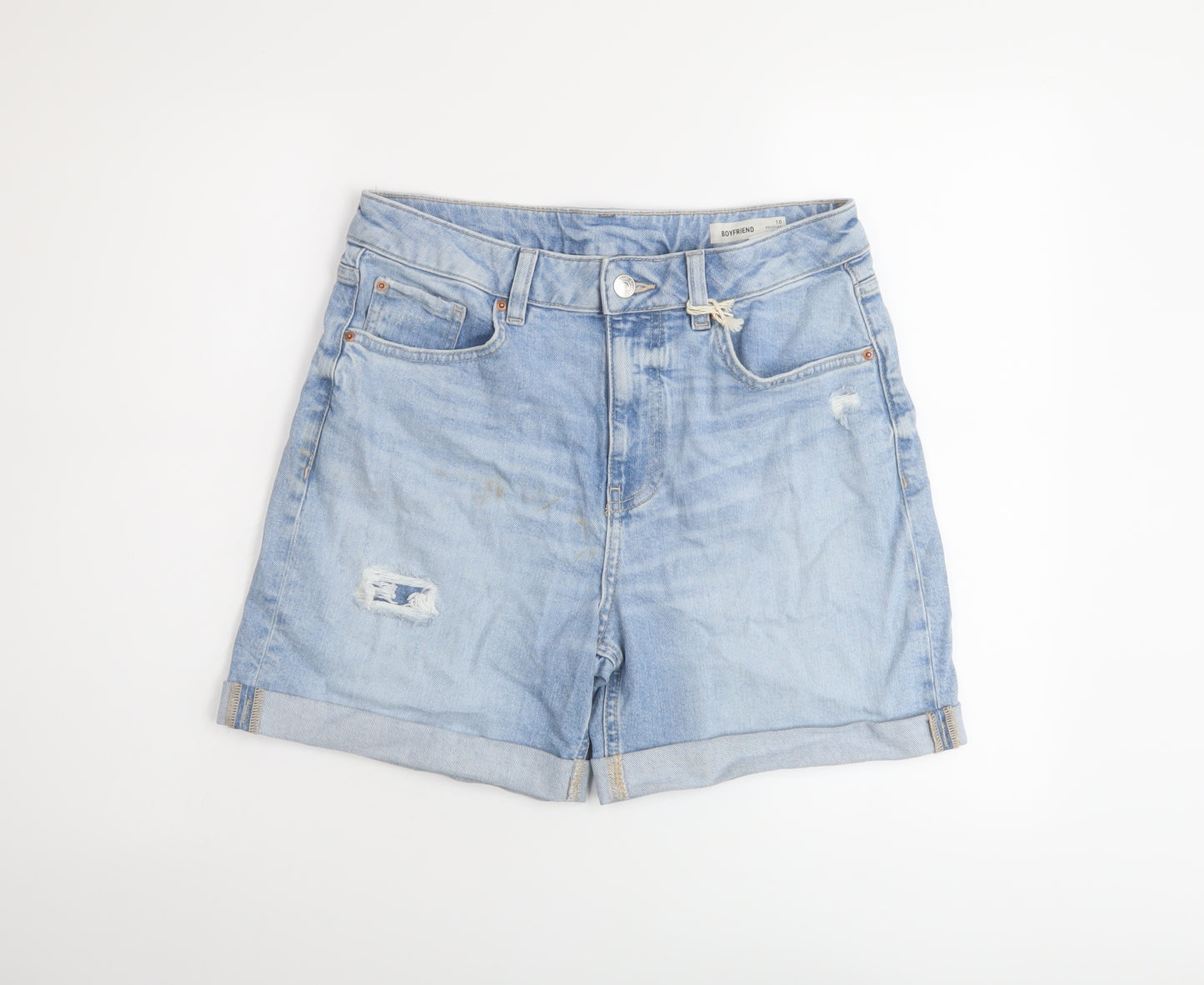 Marks and Spencer Womens Blue Cotton Boyfriend Shorts Size 10 L6 in Regular Button