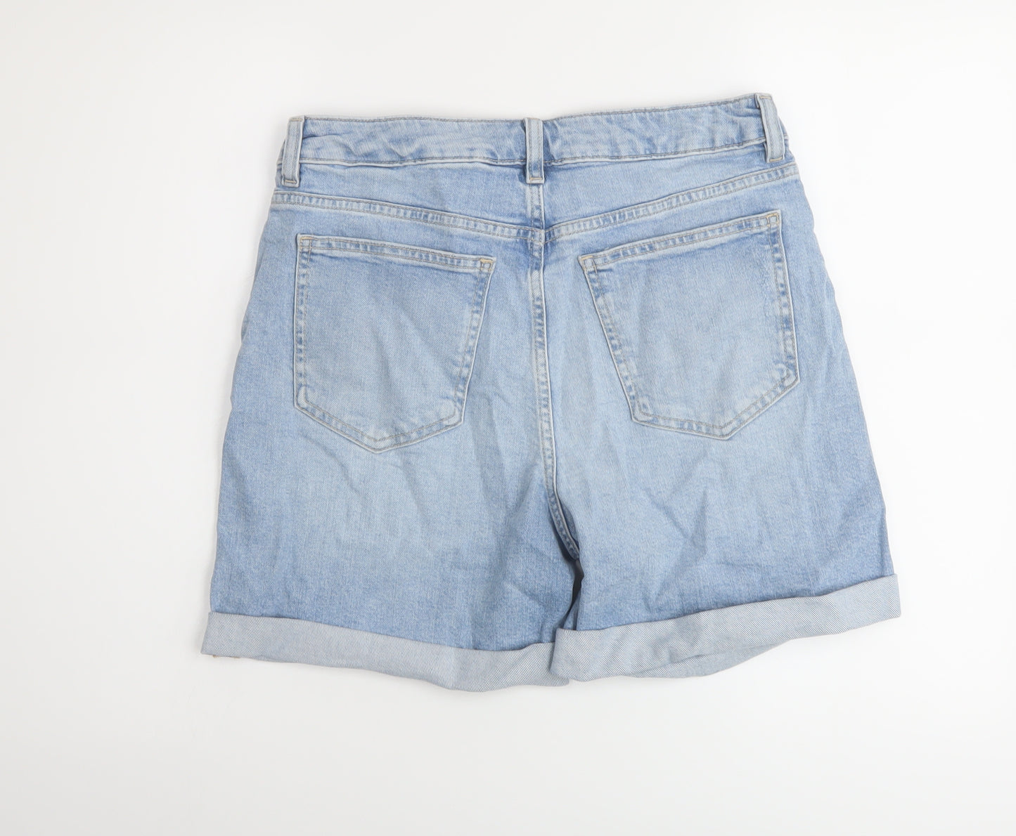 Marks and Spencer Womens Blue Cotton Boyfriend Shorts Size 10 L6 in Regular Button