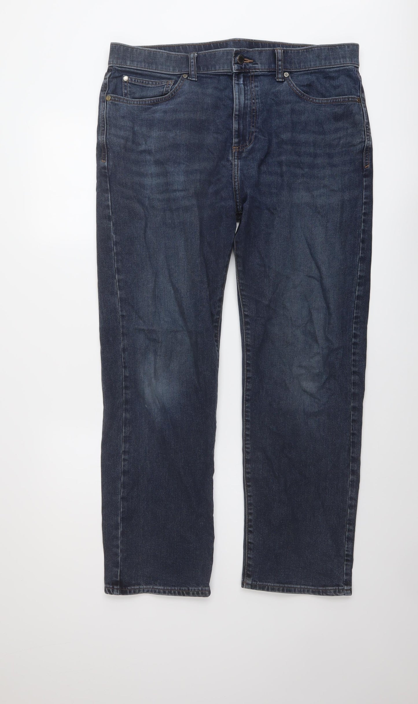 Marks and Spencer Mens Blue Cotton Straight Jeans Size 36 in L29 in Regular Button