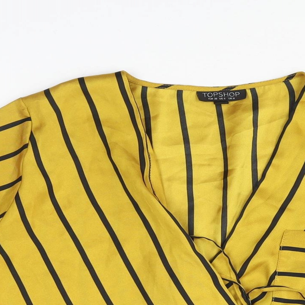 Topshop Womens Gold Striped Polyester Basic Blouse Size 8 V-Neck - Tie Detail