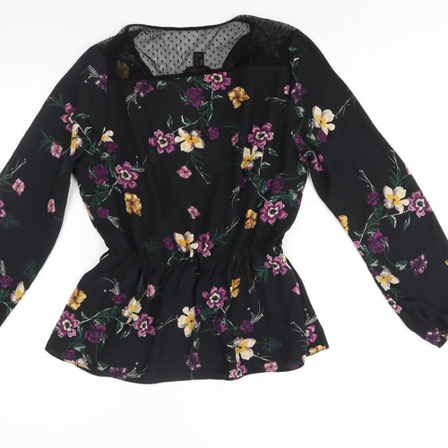 New Look Womens Black Floral Polyester Basic Blouse Size 14 V-Neck - Lace Detail