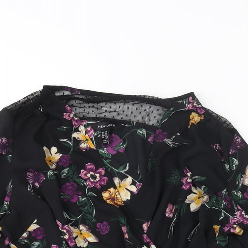 New Look Womens Black Floral Polyester Basic Blouse Size 14 V-Neck - Lace Detail