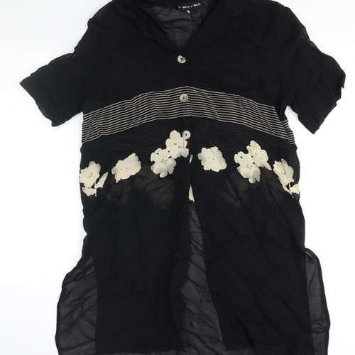 Warp + Weft Womens Black Polyester Tunic Blouse Size 14 Collared - Semi Sheer Floral Print