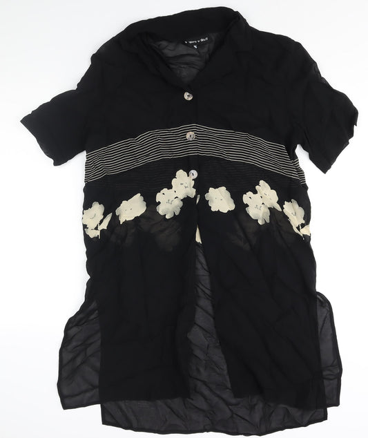 Warp + Weft Womens Black Polyester Tunic Blouse Size 14 Collared - Semi Sheer Floral Print