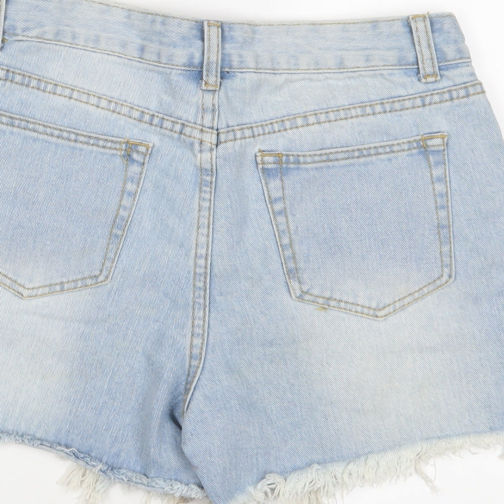 PRETTYLITTLETHING Womens Blue Cotton Hot Pants Shorts Size 10 L4 in Regular Zip - Distressed, Pockets