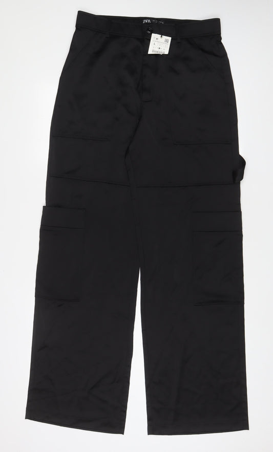 Zara Womens Black Polyester Trousers Size L L34 in Regular Zip