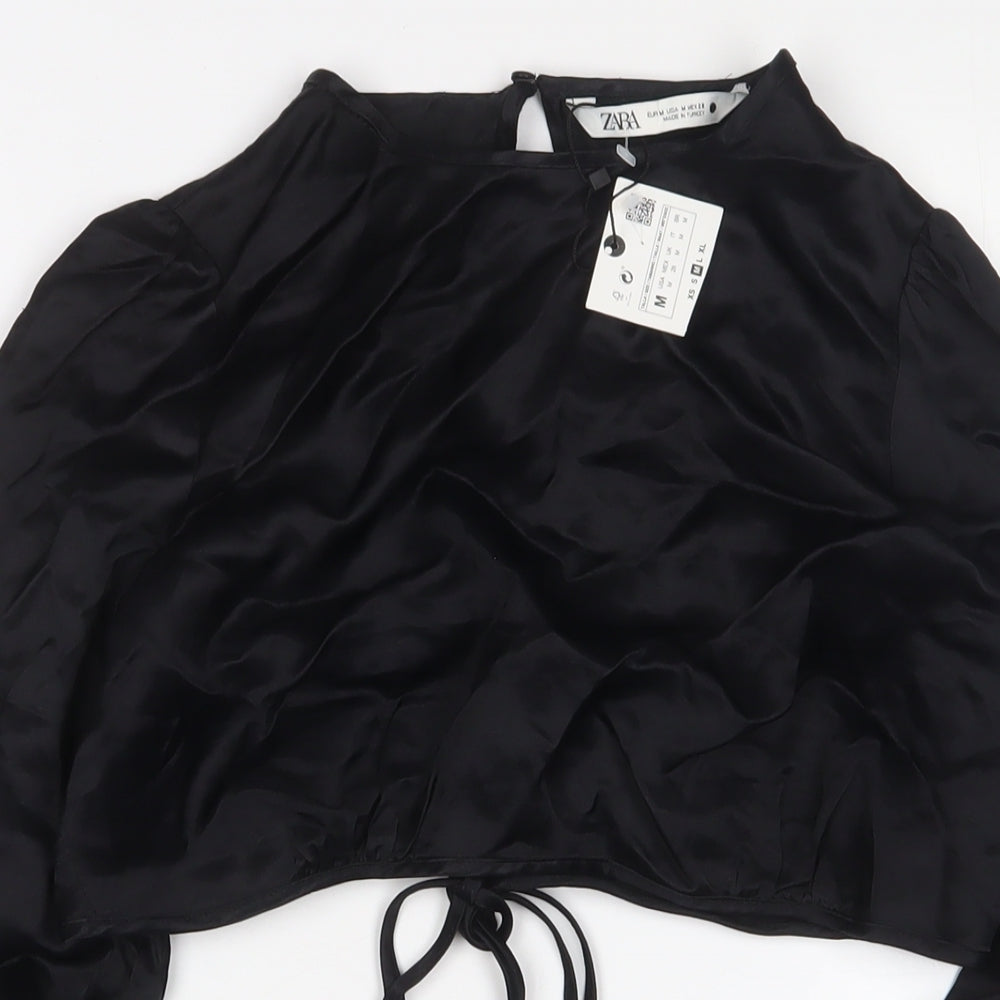 Zara Womens Black Viscose Cropped Blouse Size M Crew Neck