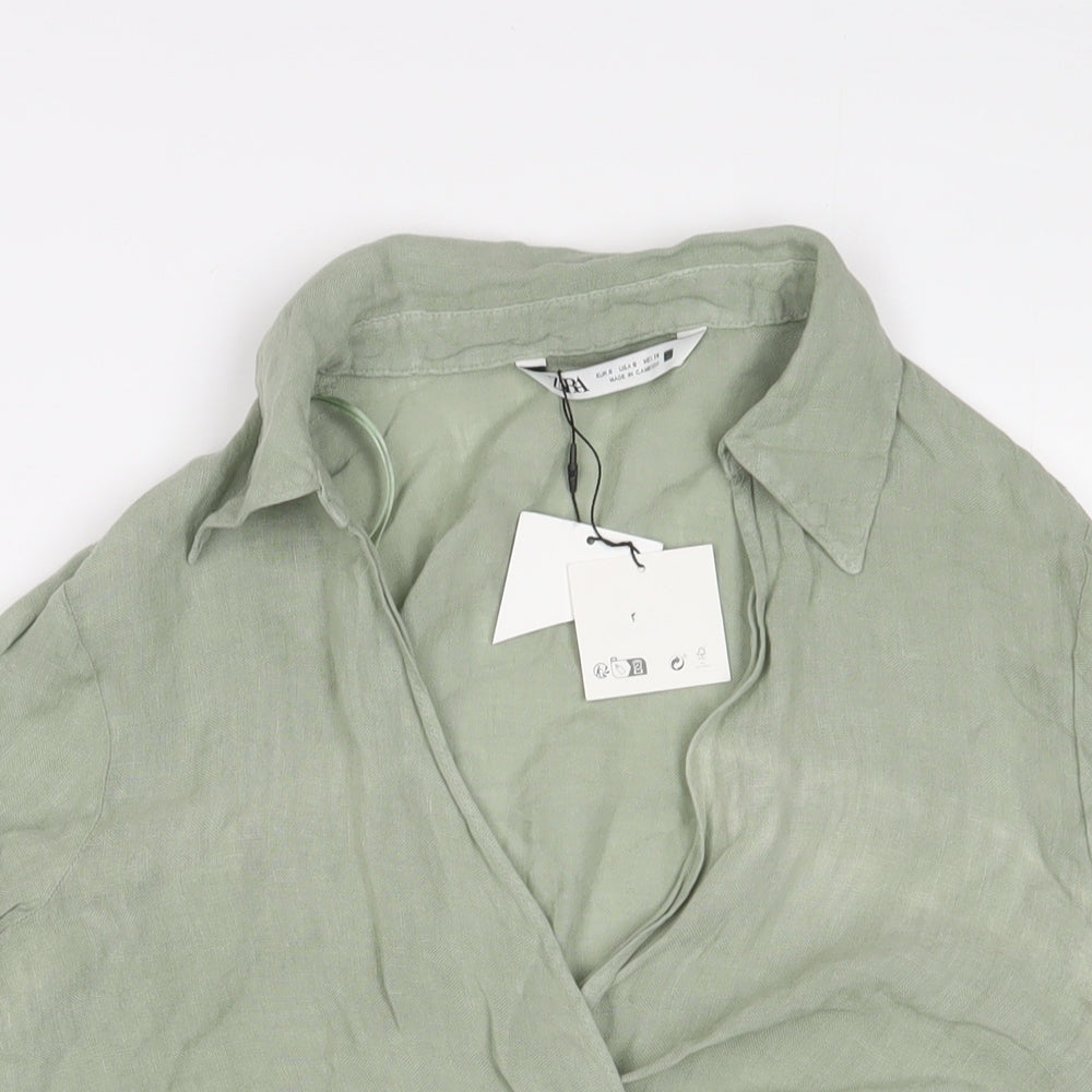 Zara Womens Green Linen Cropped Blouse Size S V-Neck - Collared